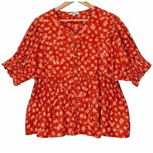 Madewell womens xl rust red brown  blouse floral boho top ruffle shirt